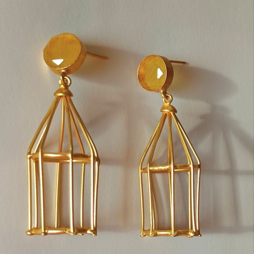 Golden Pinjara earrings - yellow stone