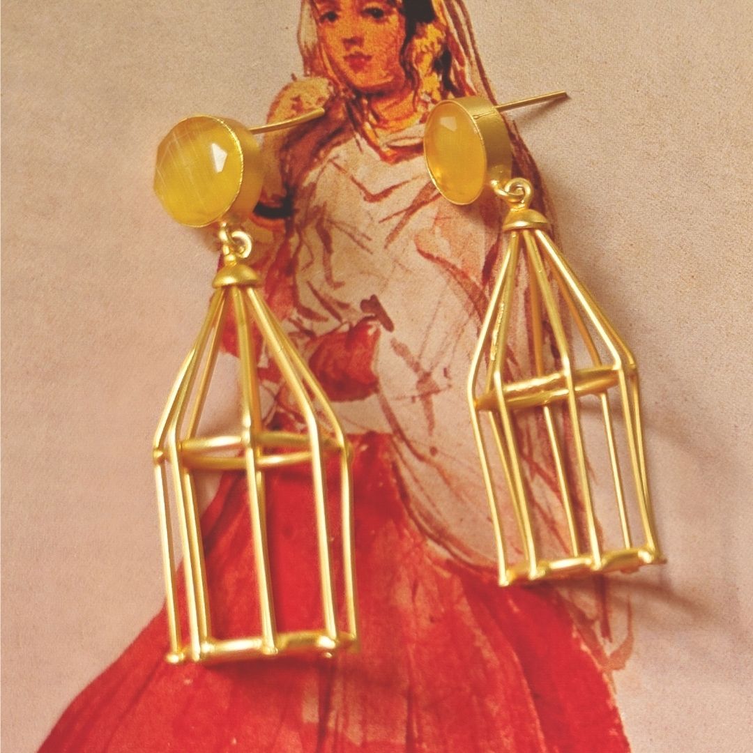 Golden Pinjara earrings - yellow stone